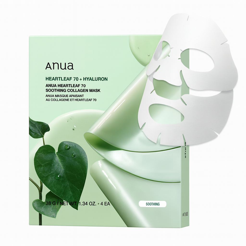 Anua Heartleaf 70 + Hyaluron mask packaging with a white mask on a light green background